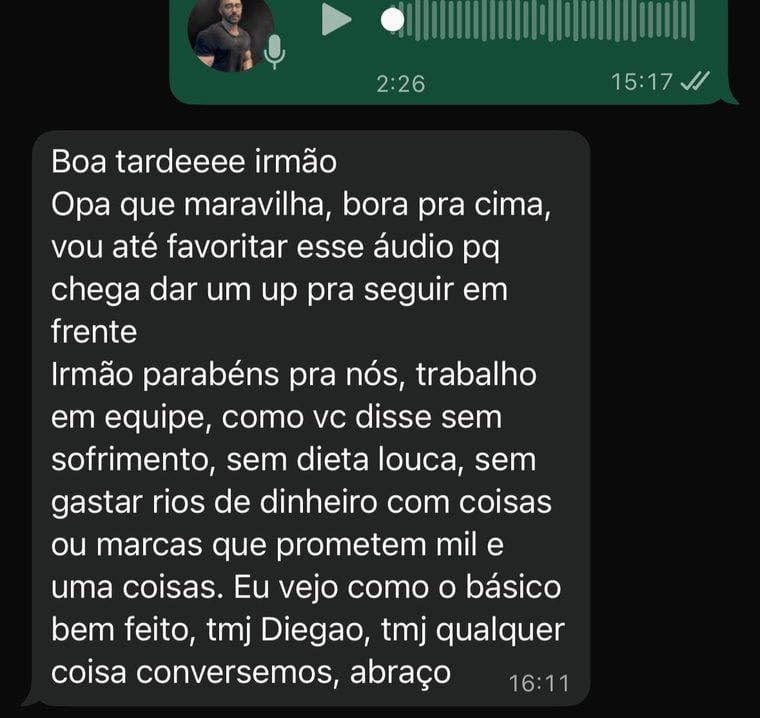 Mensagem de paciente: “Sem sofrimento, sem dieta louca, sem gastar rios de dinheiro com marcas que prometem mil e uma coisas. Eu vejo como o básico bem feito.”